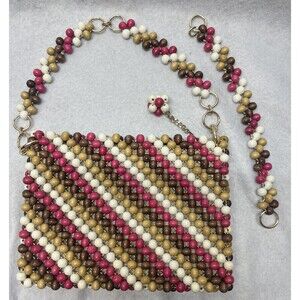 Purse Brown Pink Wooden Beads 1960’s Marcus Brothers Of Miami Made In Japan 9x6